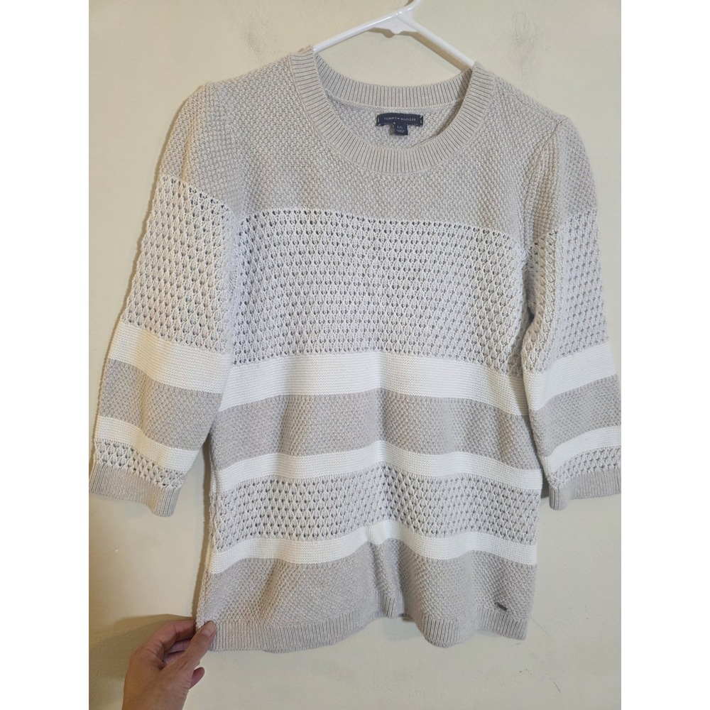 Tommy Hilfiger Women's Large Cream‎ Tan Striped Round Neck Pullover Sweater Logo